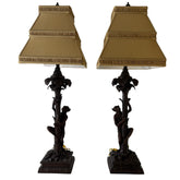 Pair of Bronze Table Lamps with Palm Tree & Monkeys, Beige Silk & Pleated Shade, Sku: 033089